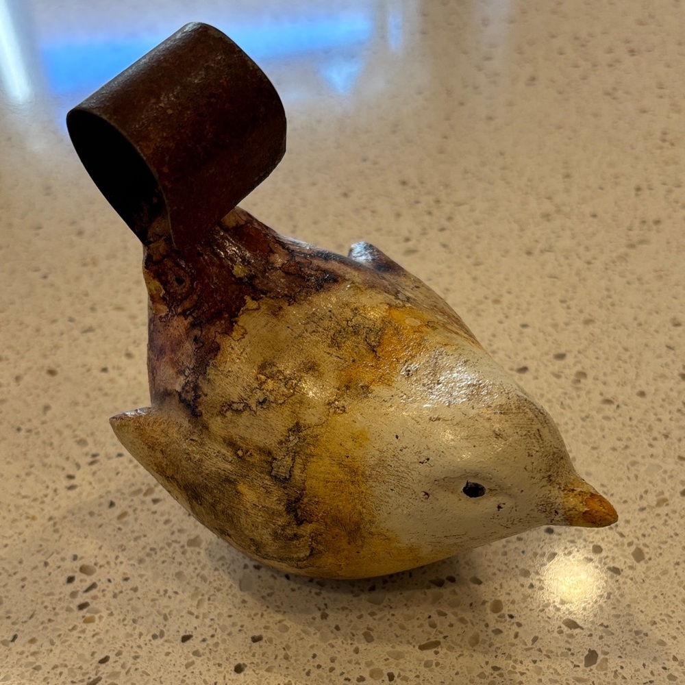 Folk Art Pottery Bird Figure with Wrought Iron Tail Handcrafted Mexico